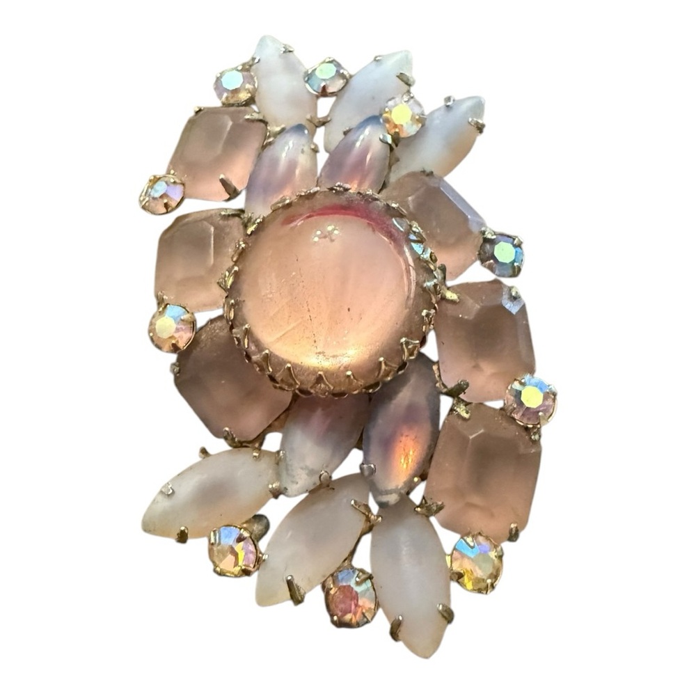 Large Vintage‎ Pink White Faux Cat Eye AB Rhinestone Brooch - Picture 2 of 5